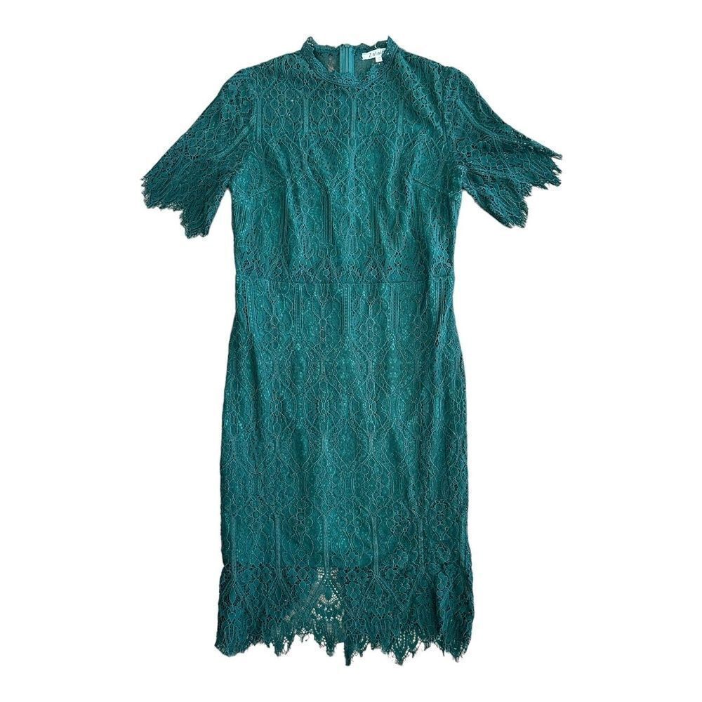 Zalalus Green Sheer Lace High Neck Elegant Bodycon Midi Dress Womens 10 - Picture 5 of 14